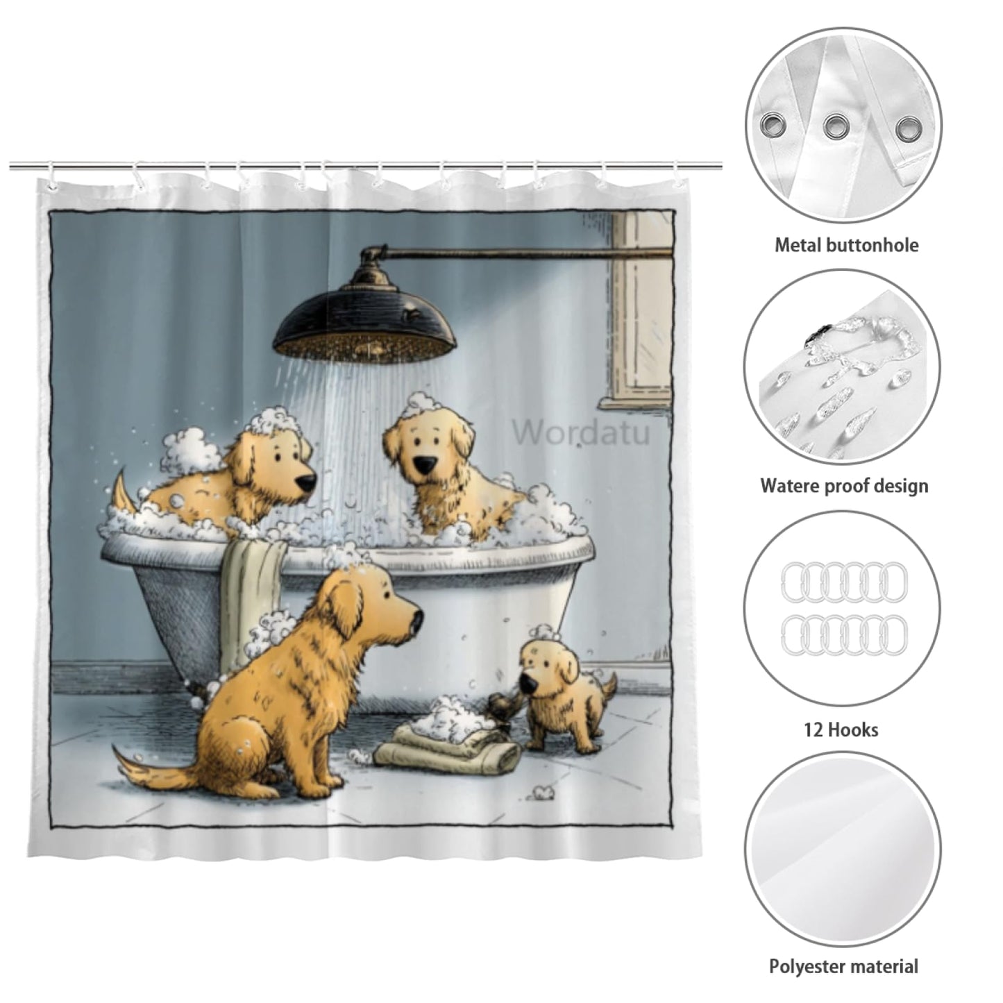 Wordatu Shower Curtain Funny Golden Retriever Cute Girls Boys Animal Paw Print Bones Kawaii Cartoon Colorful Pets Art Unique Bathroom 72x72 Inch Polyester Fabric 12 Hooks