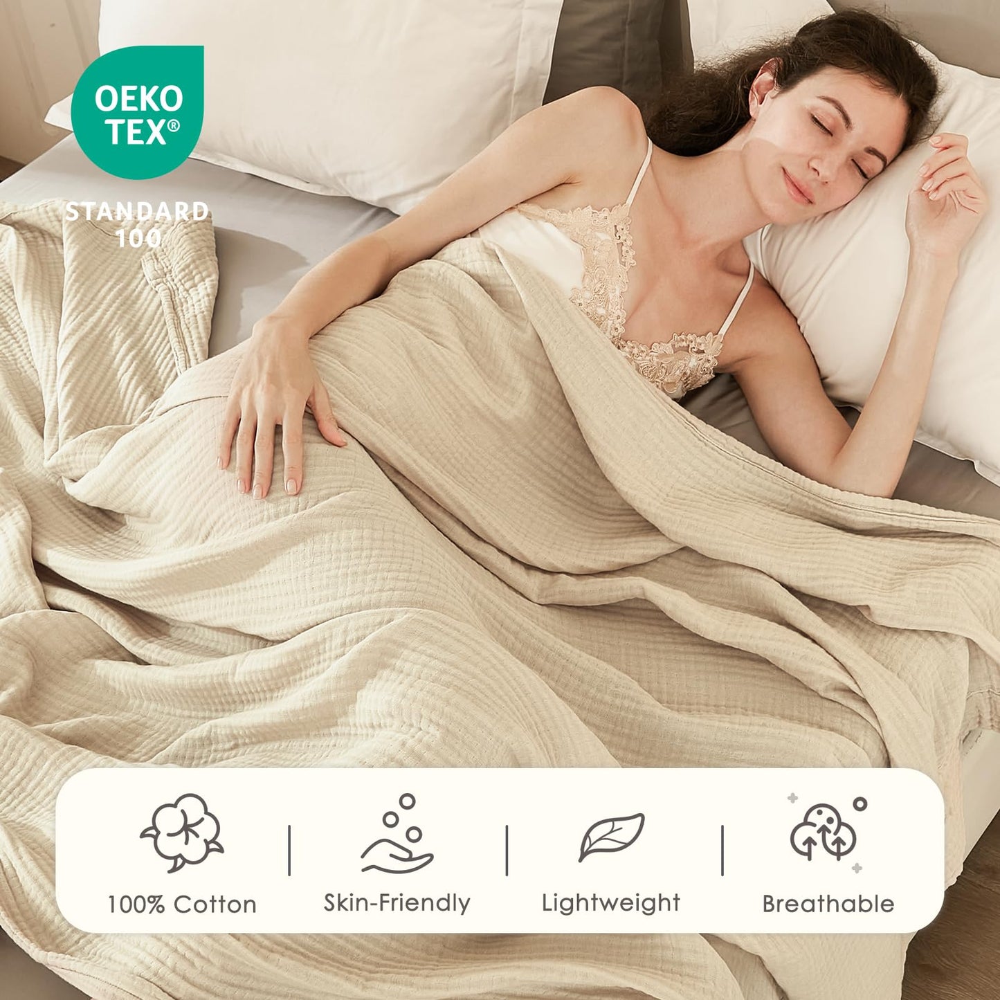 EMME Cotton Blanket King Size for Bed Soft Muslin Blankets 108"x90" Beige Lightweight Breathable Layering Bedspread Coverlet All Season Gauze