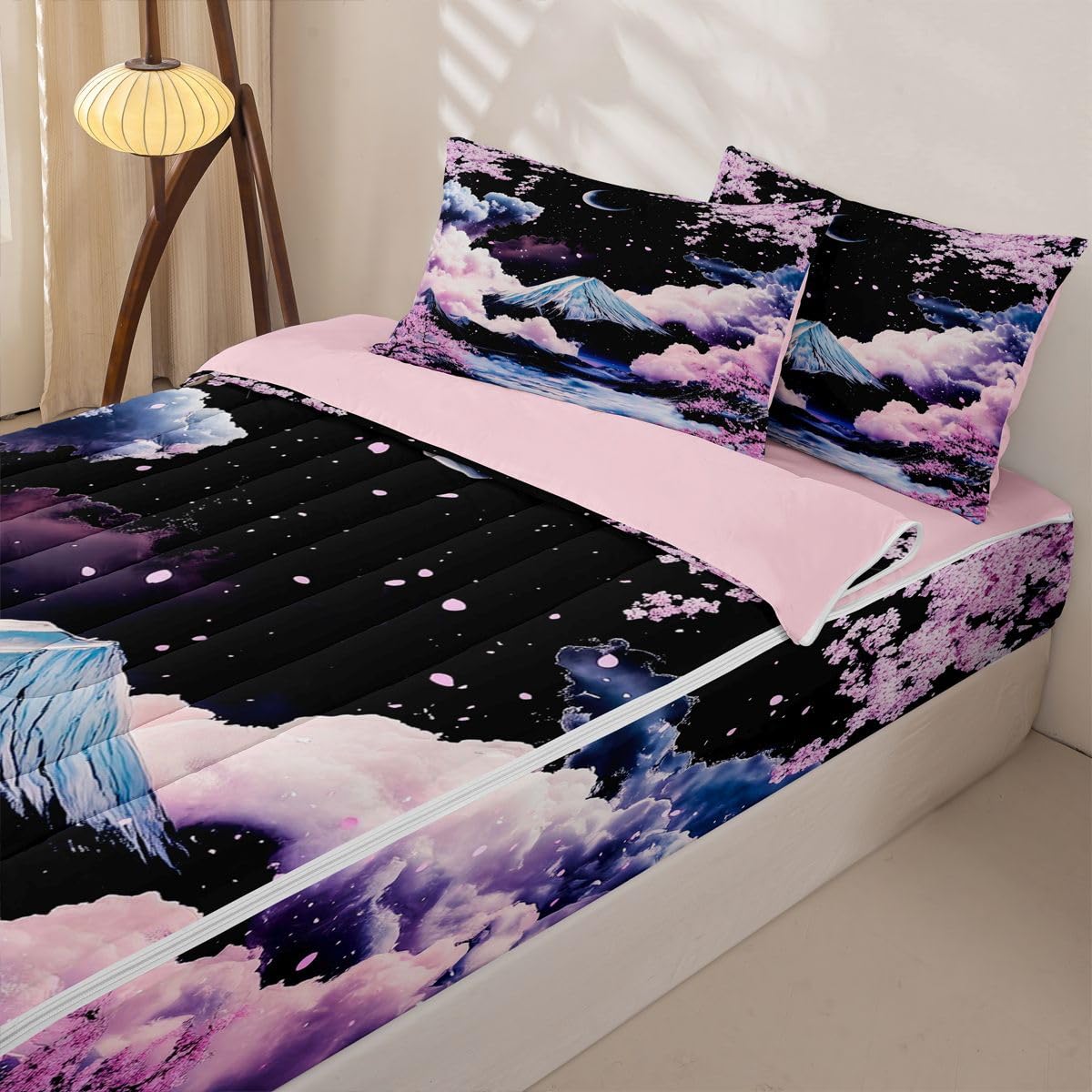 Erosebridal Japanese Cherry Blossom Zip Up Bedding Comforter Sets Twin Size, Japanese Style Comforter in One Zipper - Japan Mount Fuji Bedding Set with Pillowcases