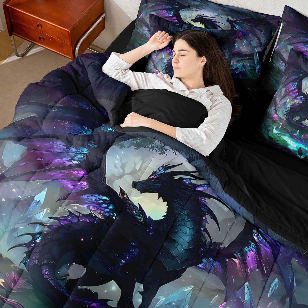Feelyou Dragon Comforter Set with Sheets 7 Piece Twin Size Dragon Stuff Bedding Set for Kids Boys Girls Wild Life Bed in a Bag Magic Wildlife Room Decor Black Purplish Soft Lightweight Microfiber