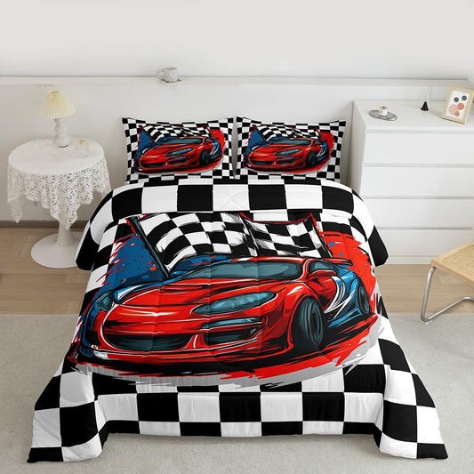Erosebridal Racing Car Comforter Set, Dirt Bike Down Comforter,Cartoon Race Car Competition Extreme Sports Game Duvet Set for Kids Boys Teens Men, Red Automobile Quilted Duvet Decor 3 Pcs Queen Size