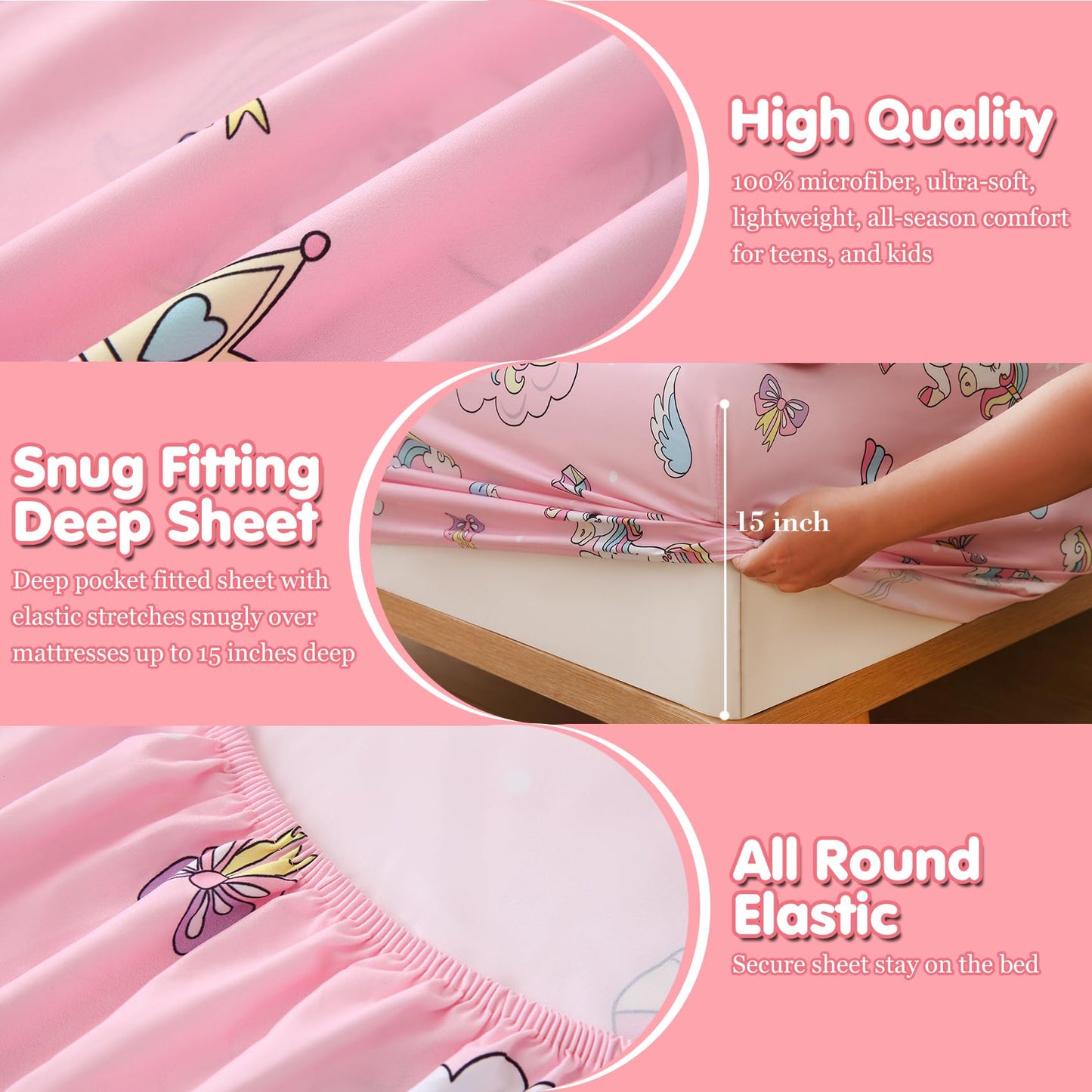 CIMVI Twin Sheets Set Kids Girls Unicorn Bed Sheets 15-Inch Deep Pocket Fitted Sheet Pink Bedding Sets 3 Piece Soft Microfiber Bed Set with Pillowcase Fade Resistant Children Room Decor