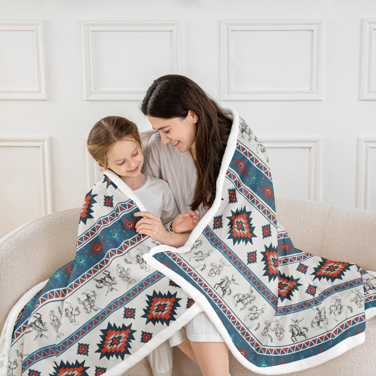 Feelyou Western Cowboy Sherpa Throw Blanket for Couch Southwestern Aztec Pattern Super Cozy Fleece Ranch Farmhouse Blanket for Winter, Plush Throw Horse Riding Design 40"x50" Teal and Red All Season