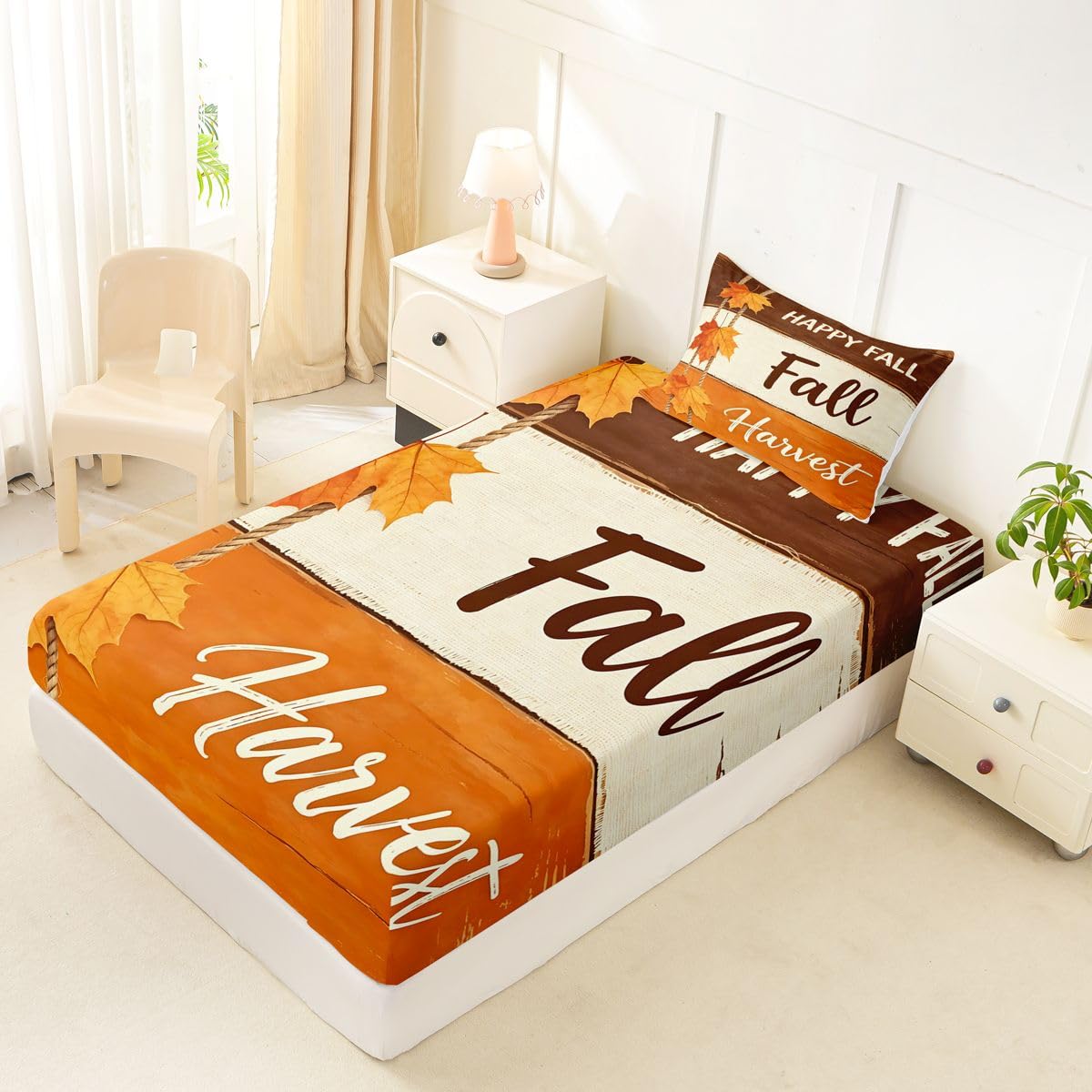 Erosebridal Happy Fall Bed Sheets Twin Size Rope Hanging Maple Leaf Sheet Set Kids Adults Rustic Plank Texture Bedding Set Modern Farmhouse Art Sheets