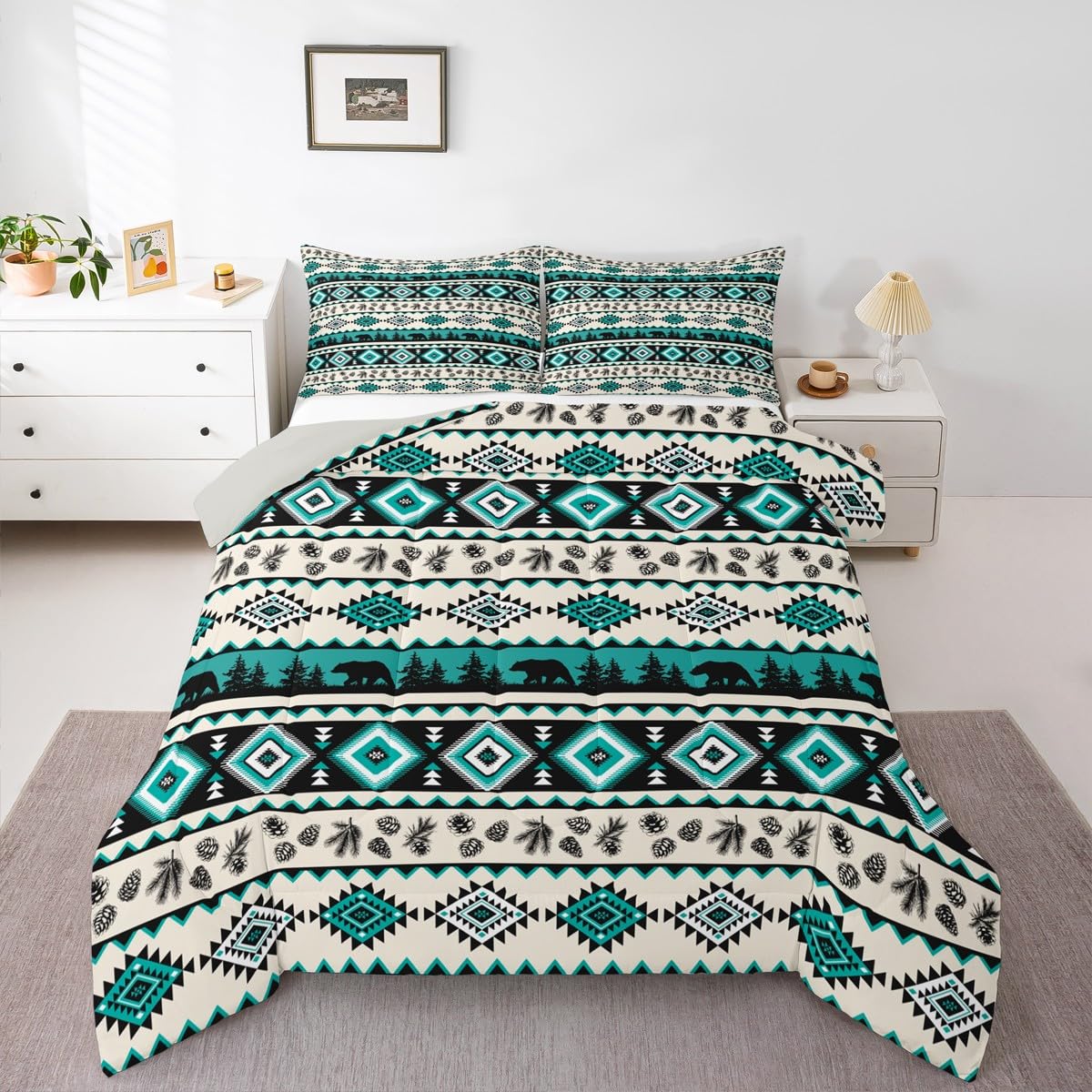 Green Aztec Pattern Kids Comforter Set,Ethnic Geometric Stripes Down Alternative Adults Bedroom Decor,Southwest Tribal Style Bear Wild Animals Ultra Soft Inner Fill 3Pcs Bedding Queen Size