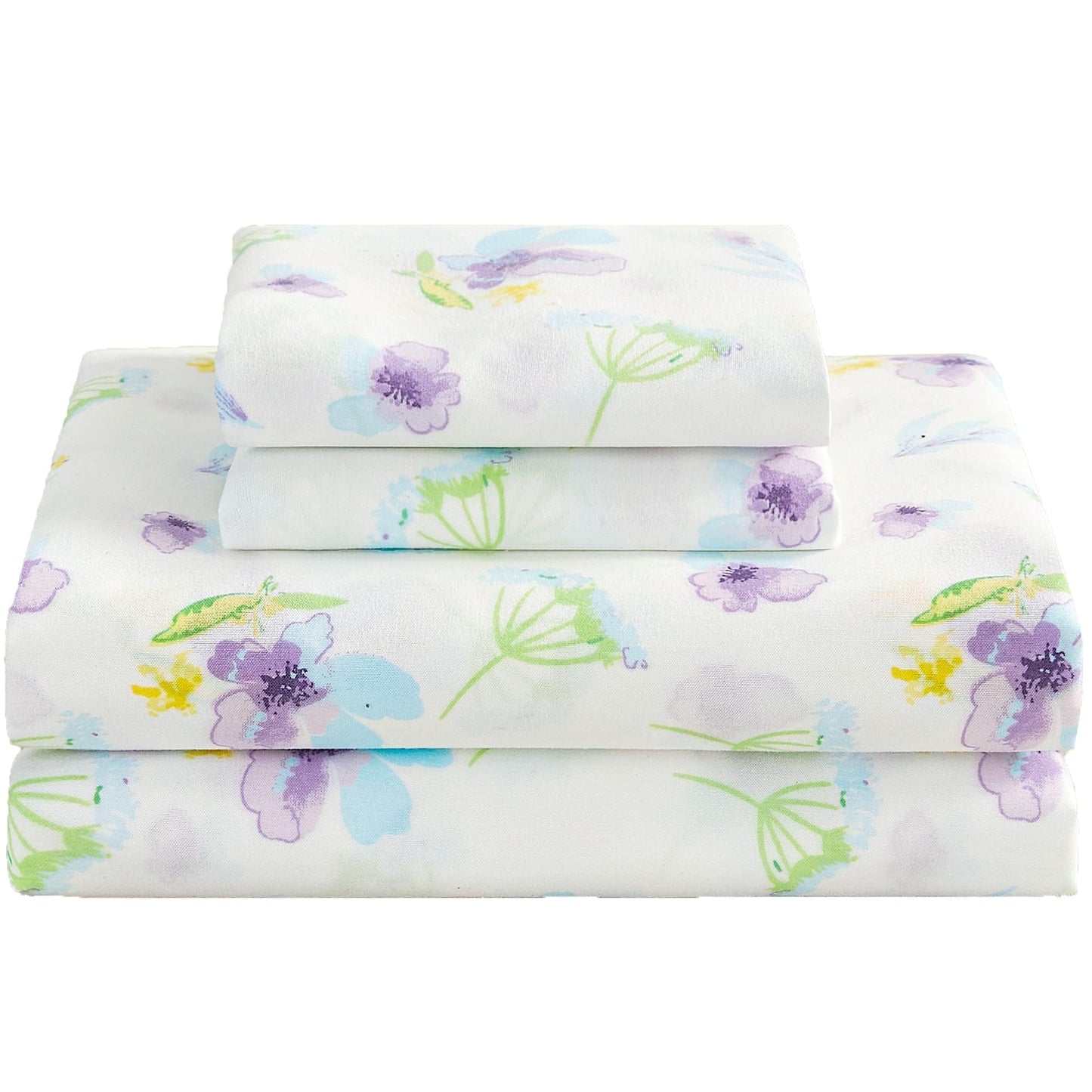 Softan Floral Queen Sheet Set Purple Flower Bed Sheets Queen Printed Sheets - 4 Piece Soft Microfiber Patterned Fitted Sheets with 15" Deep Pocket and Corner Straps, Cute Blue Flower Sheets