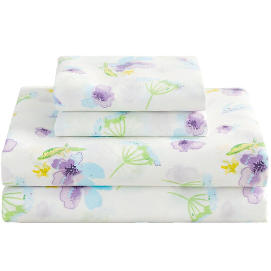 Softan Floral Queen Sheet Set Purple Flower Bed Sheets Queen Printed Sheets - 4 Piece Soft Microfiber Patterned Fitted Sheets with 15" Deep Pocket and Corner Straps, Cute Blue Flower Sheets