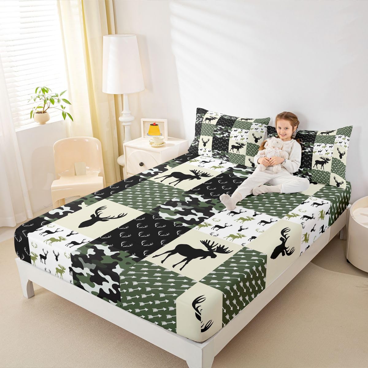 Army Green Camouflage Bedding Set, Camo Deer Silhouette Fitted Sheet for Kids Boys Teens Antlers Boho Arrows Bed Sheet Grid Militarily Fitted Bed Sheets 3 Pieces, Full Size(No Top Sheet)
