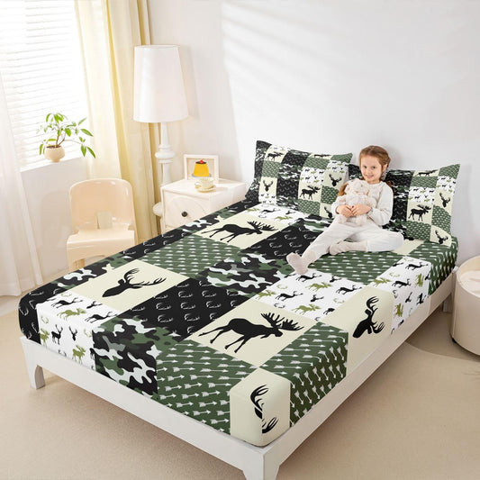 Army Green Camouflage Bedding Set, Camo Deer Silhouette Fitted Sheet for Kids Boys Teens Antlers Boho Arrows Bed Sheet Grid Militarily Fitted Bed Sheets 3 Pieces, Full Size(No Top Sheet)