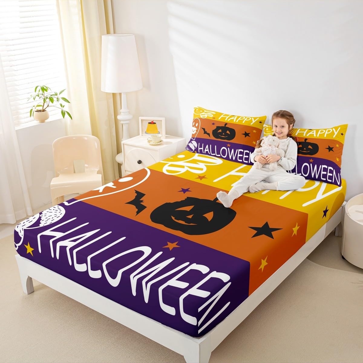 Feelyou Kids Happy Halloween Fitted Sheet Full Size, Pumpkin Bedding Set Horror Decor Bed Sheet Set Boys Girls Halloween Teens Bedroom Decor (2 Pillow Cases and a Fitted Sheet)
