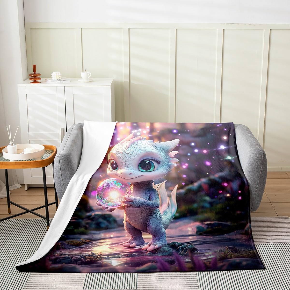 Feelyou Dragon Plush Throw Blanket Queen 90"x90" Cute Flannel Fleece Blanket for Boys Girls Teens Wild Life All Season Bed Blanket Dragon Decor Blanket Room Decor Pink Purple