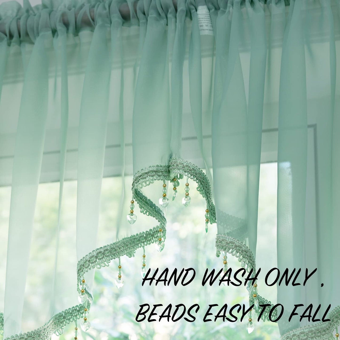 PearAge Beaded Sheer Valance Curtains for Living Room,Rod Pocket Farmhouse Window Valance, Bead Trim Tassel Voile Sheer Curtain Valance for Bedroom Bathroom Cafe 51x24 Inches (Mineral Blue) 1PC