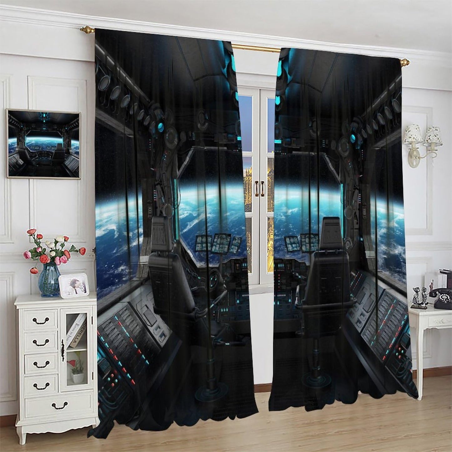 YSWOW Spaceship Curtains Galaxy Futuristic Science Spacecraft Cabin Art Printed Window Drapes for Kids Boys Bedroom Decor Fabric 2 Panel W21xL45in