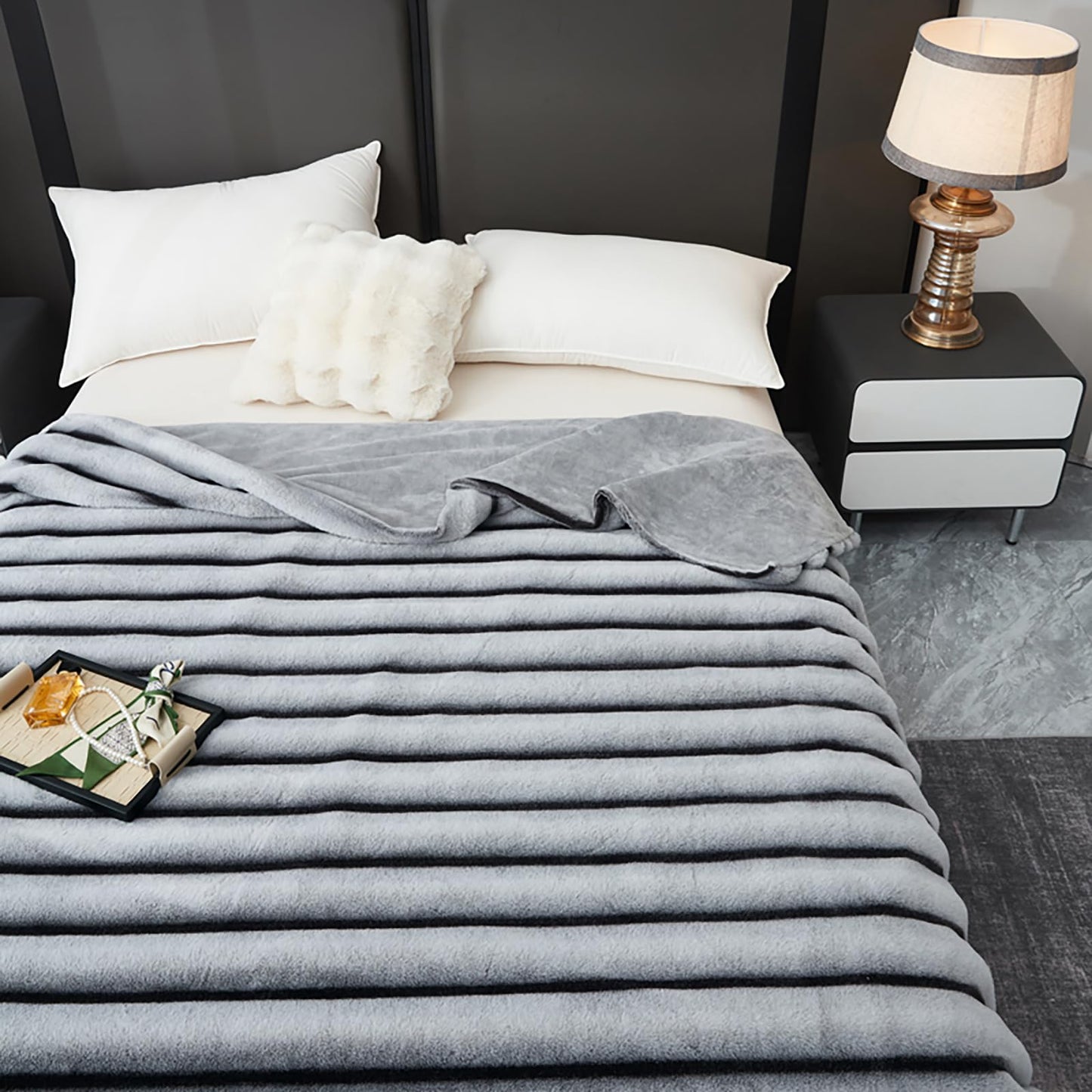 DCSKY Cozy Faux Fur Throw Blanket for Bed-Warm Fuzzy Throw Blanket, Cozy Soft and Fuzzy Plush Rabbit Fur Bubble Blanket Blankets for Bedroom and Living Room, Furry Luxury Blanket60 x 80" Light Grey