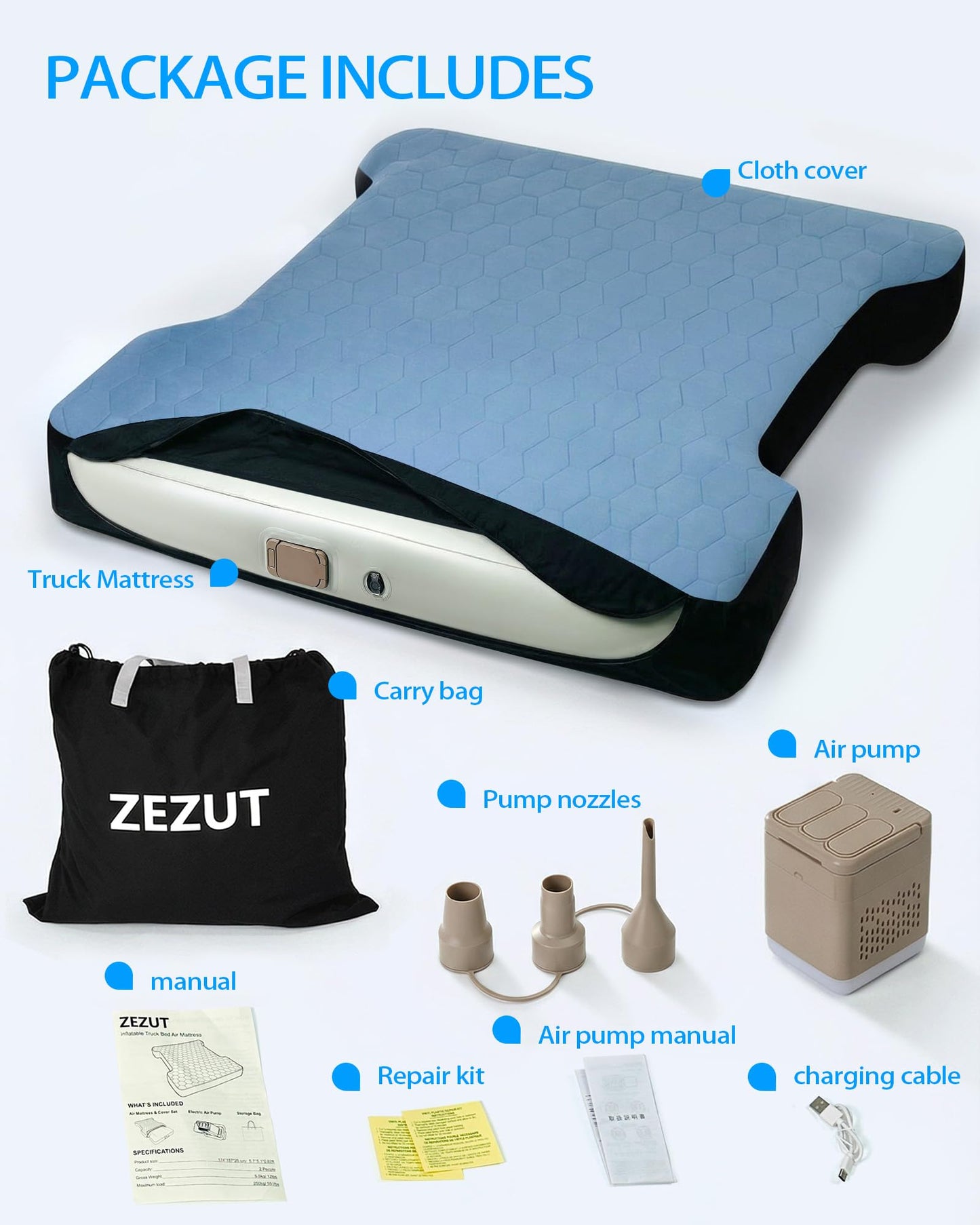 ZEZUT Truck Bed Air Mattress for 5.5-5.8 ft Full-Size Short Truck Beds, Built-in Rechargeable Pump, Soft Fabric Cover for Comfort & Protection, Carry Bag & Repair Kit, for Camping Travel