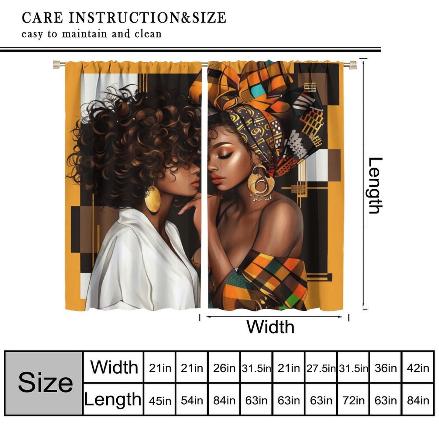 African Women Curtains Native Fashion Black Girl Headscarf Pattern Blackout Print Rod Pocket Window Drapes for Bedroom Living Room 42x45in
