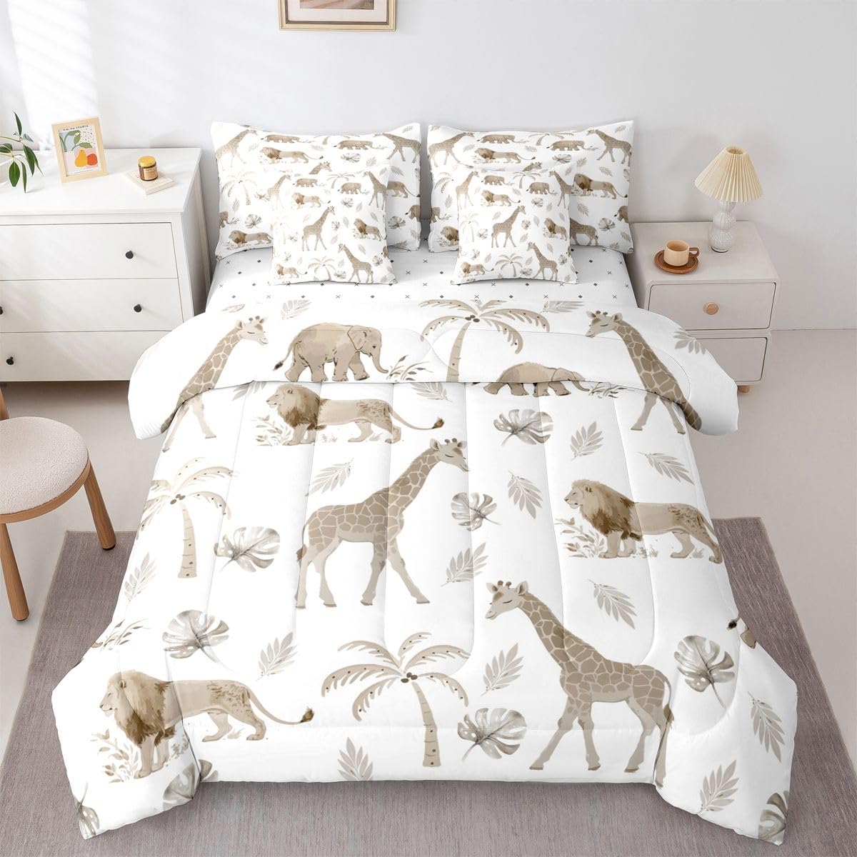 Erosebridal Jungle Animals 7 Piece Bedding Set Twin Elephant Lion Giraffe Animal Comforter Set with Sheets African Bed in A Bag Hunter Brown Wildlife Bed Sets with 2 Pillowcases, 2 Throw Pillow Covers