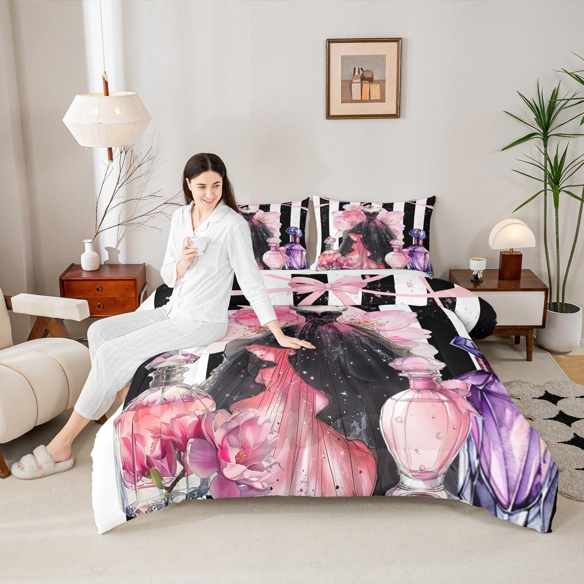 Erosebridal Girly Modern Fashion King Bedding Set | Girls Women Coquette Dress Comforter Set Black and White Striped Bed Collections Cute Coquette Bow Duvet Quilt Sets