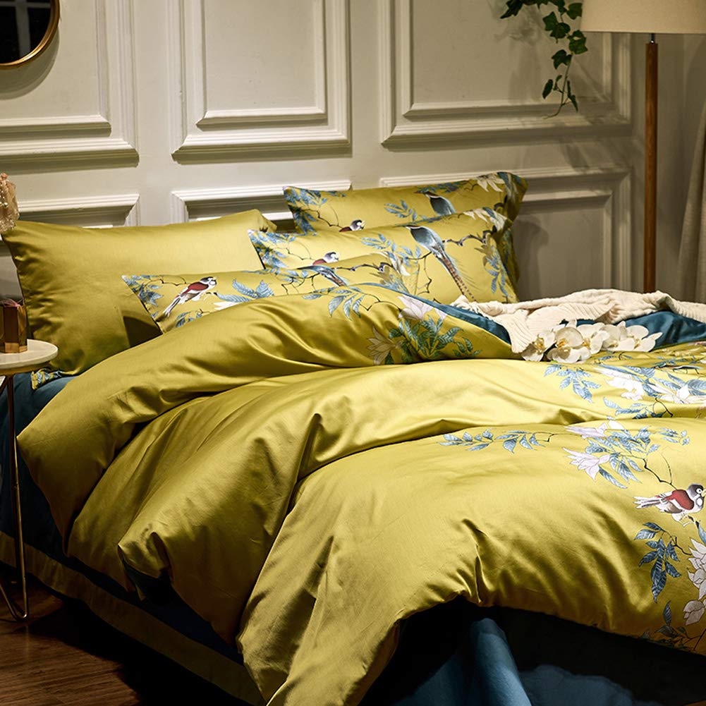mixinni Duvet Cover Set King Size Bird Flower Pattern Soft Long Staple Cotton Floral Bedding Comforter Cover Set with Zipper Ties for Women and Men, Ultra Soft, Breathable, Easy Care-King Size