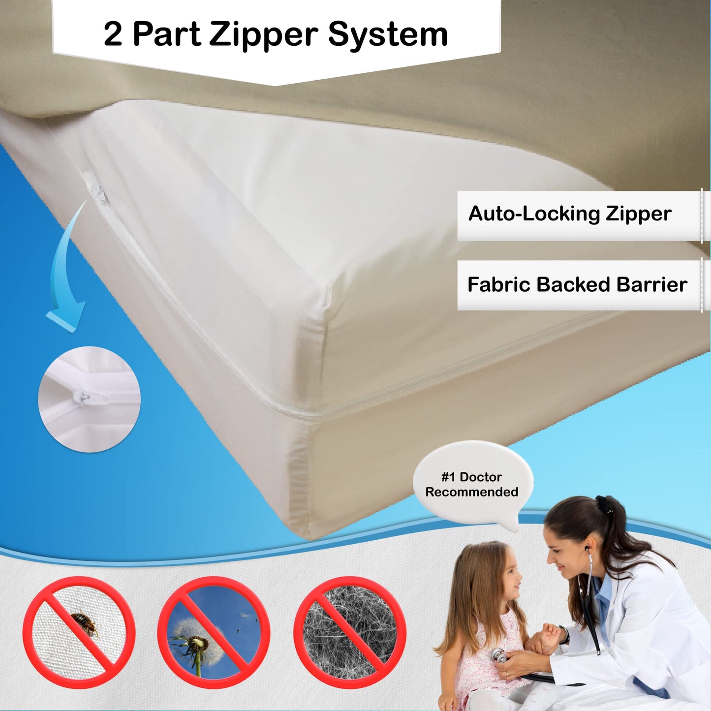 National Allergy 100% Cotton Queen Mattress Encasement 60x80x12, Hypoallergenic, Dust Proof Zippered 6-Sided Cover, Breathable, Noiseless Natural Cotton, AAFA Certified
