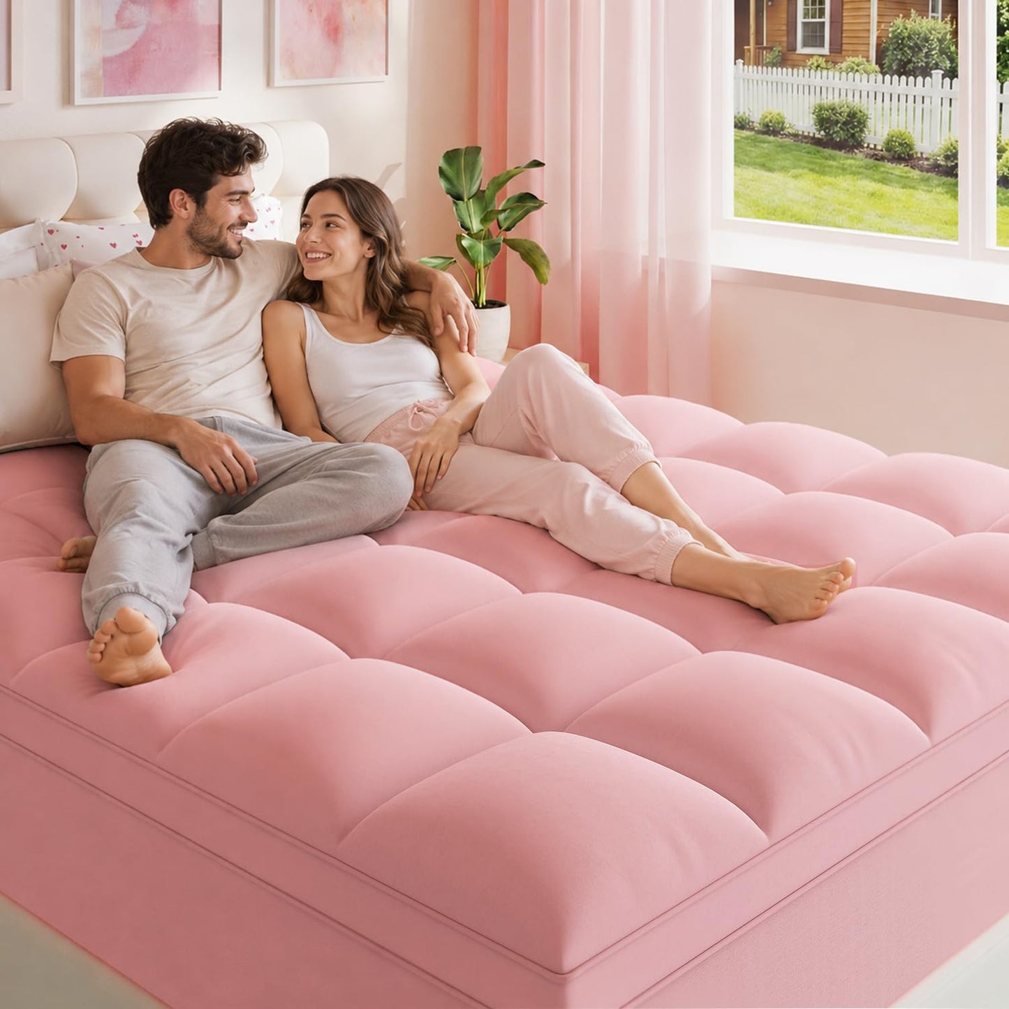 ELEMUSE Pink Queen Mattress Topper for Bed, Extra Thick Pillow Top Mattress Pad with Plush Comfort, Designed for Couples & Everyday Sleep, Bedroom Upgrade