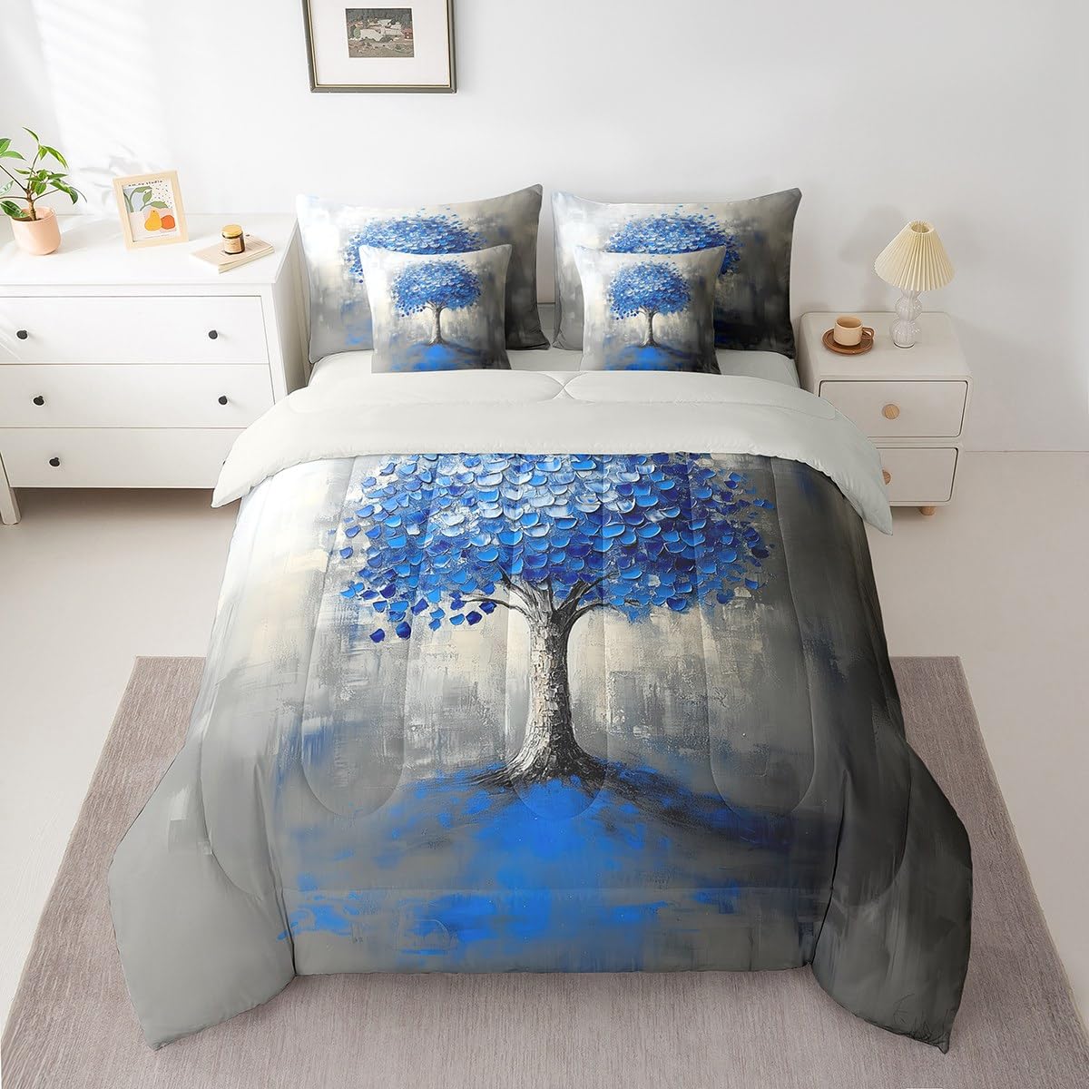 Blue Tree Branches Pattern 7 Pieces Bedding Set Twin Size Kids Leaf Branches Bed in a Bag with Comforter, Sheets, Pillowcases Fallen Leaves Bed Set Breathable Botanical Room Comforter Set with Sheets