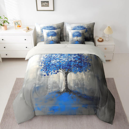 Blue Tree Branches Pattern 7 Pieces Bedding Set Twin Size Kids Leaf Branches Bed in a Bag with Comforter, Sheets, Pillowcases Fallen Leaves Bed Set Breathable Botanical Room Comforter Set with Sheets
