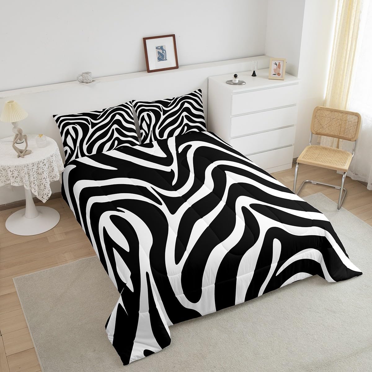 Zebra Stripe Comforter Set Queen Size,Wild Animal Skin Fur Printed Bedding Set for Kids Boys Girls Room Decor,Black White Geometric Striped Duvet Insert 3Pcs,Soft Microfiber Quilt Set,2 Pillowcases