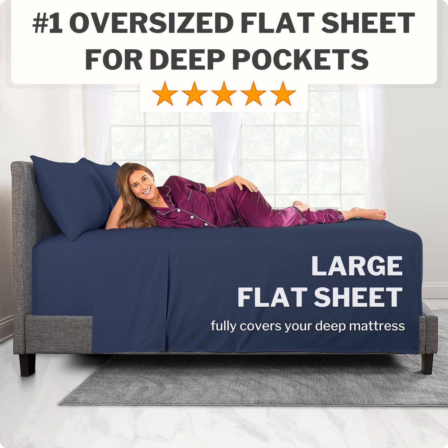 Extra Deep Pocket King Bed-Sheets – 4-Piece Includes: 18”-21” Inch Super Extra Deep Pocket Fitted Sheet – Oversize Flat Sheet – 2 Zipper Closure Pillowcases – Perfectly Fit – King Size – Navy Blue