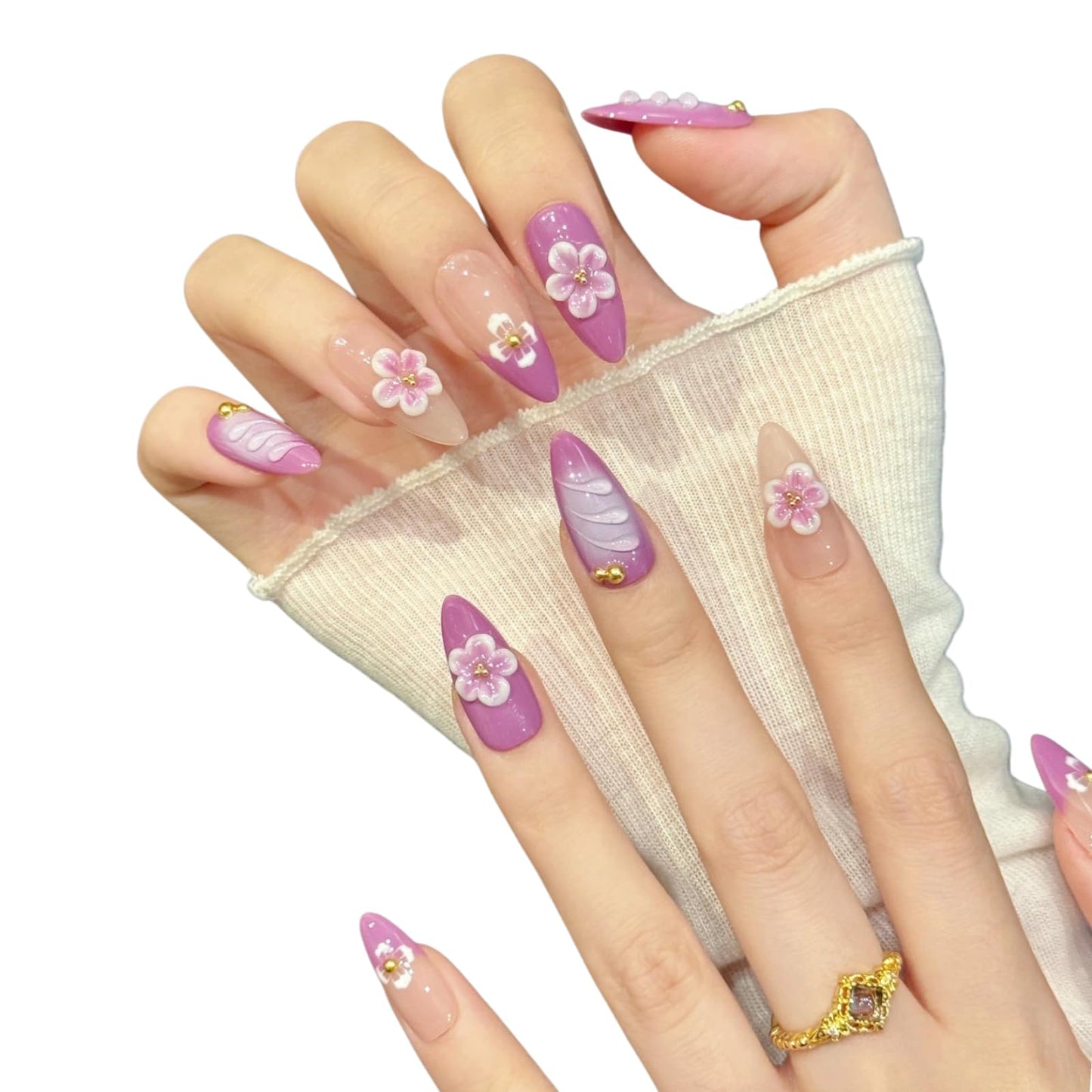 Tesytto Handmade Press on Nails Almond Shape Glossy Reusable False Nails for Nail Art (Purple Dream, M)