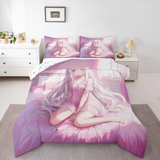 Erosebridal Full Size Japanese Anime Comforter Set for Kids, Anime Girl Bedding Set Kawaii Japanese Style Quilt Cartoon Japan Animation Duvet Insert for Boys Teens Adult Women Bedroom, Pink