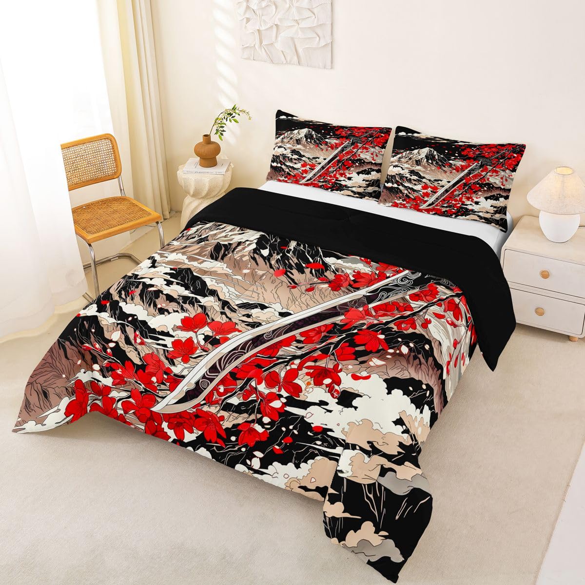 Erosebridal Japanese Style Comforter Set for Kids Boys Girls Red Japanese Cherry Blossoms Bedding Mount Fuji Duvet Set Romance Japan Comforter Full with 2 Pillowcases