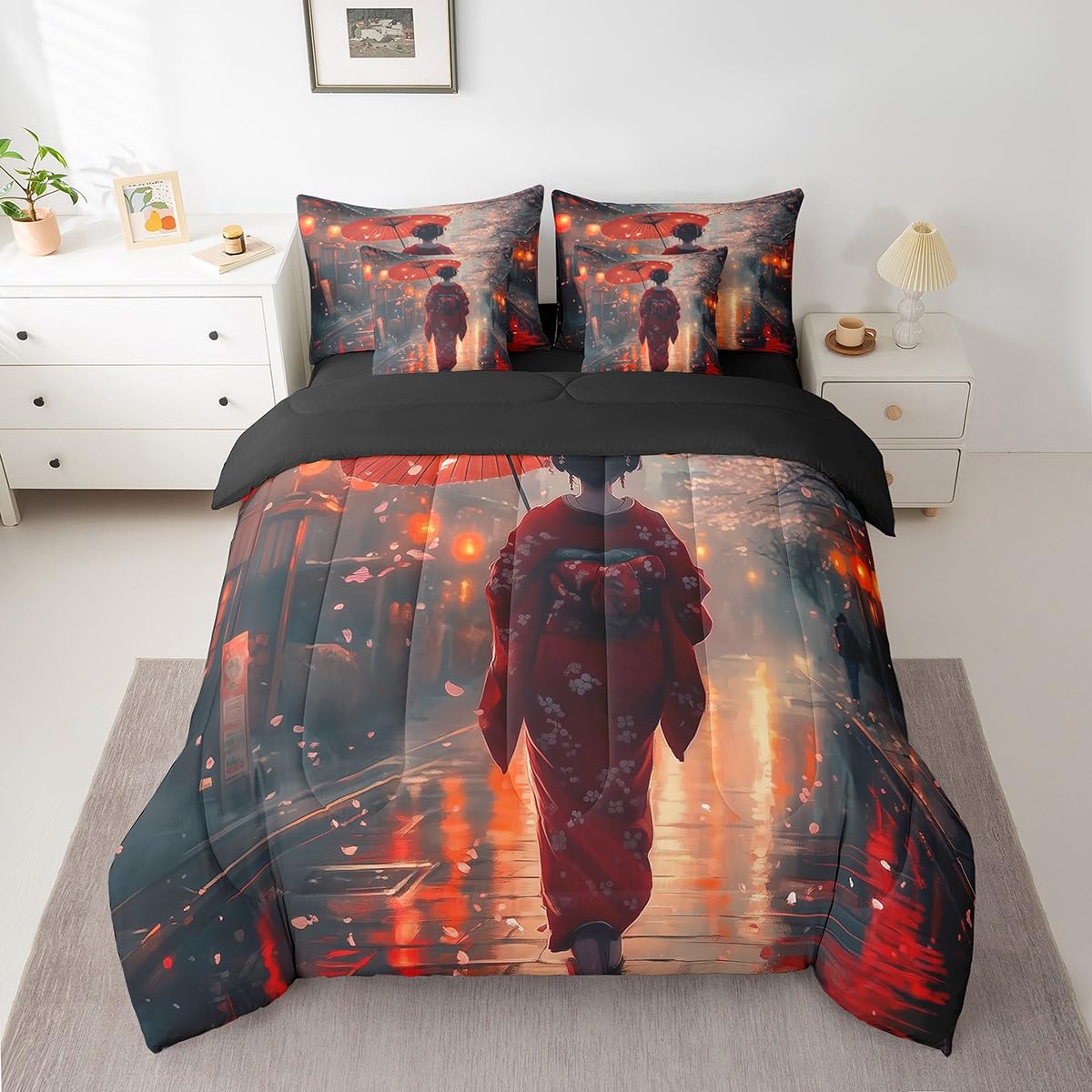 Erosebridal Japanese Comforter Set Twin,Cherry Blossom Bedding Set 7Pcs for Kids Teens Adults,Aesthetic Watercolor Quilt,Ancient Style Bed in a Bag