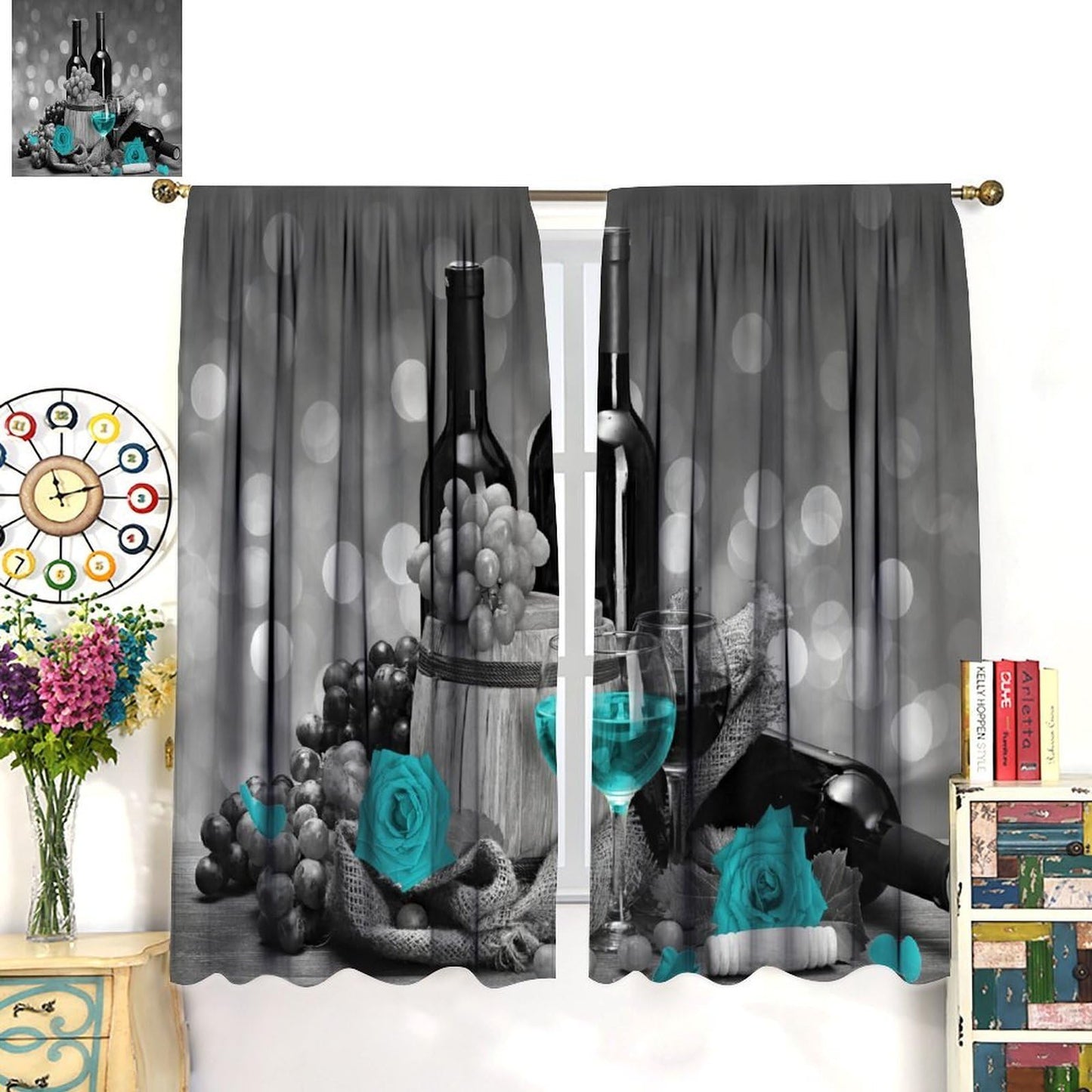 Teal Rose Kitchen Curtains Turquoise Wine Floral Grapes Theme Valentine Romantic Vintage Style Art Printed Blackout Rod Pocket Curtains Bedroom Living Room Window Drapes 2 Panels 42x45 Inch
