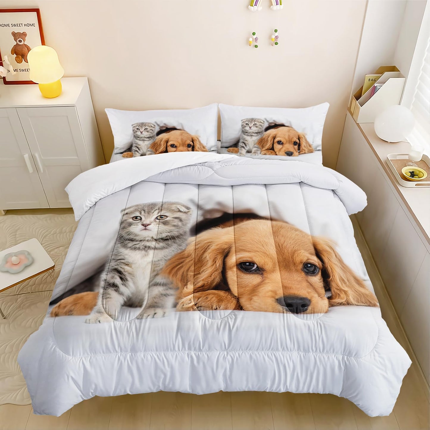 Nttopship Kids Cute 3D Dog Comforter Set 3 Piece Cat and Golden Retriever Bedding Set Twin Size for Kids Cute Pet Bedding Bed in A Bag Bed,Pet Room Decor Comforter with 2 Pillowcases