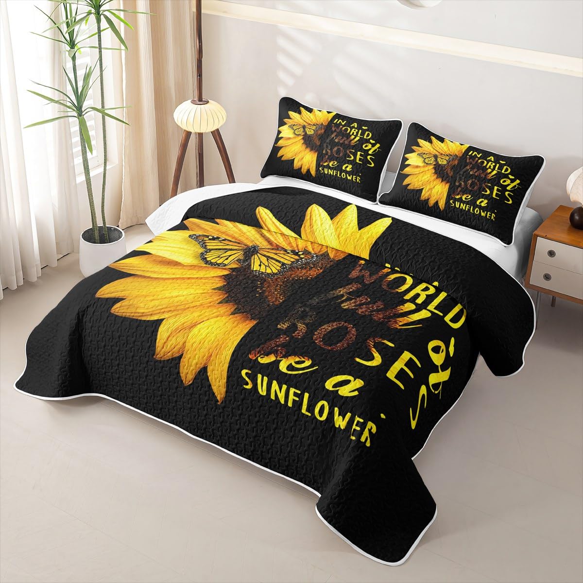 Erosebridal Sunflower Butterfly Quilt Full Yellow Floral Quilt Set Boho Chic Quilted Bedspread Spring Romantic Garden Style Bedding Coverlet with 2 Pillowcases