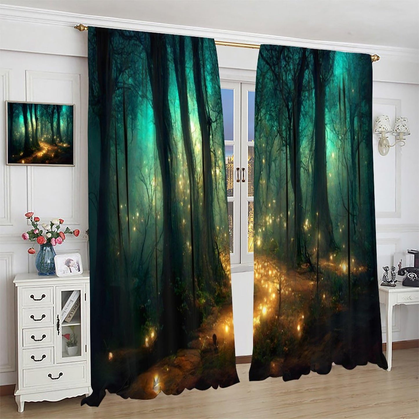 Fantasy Forest Curtains, Enchanted Trees Dreamy Mist Forest Glowing Lights Landscape Window Treatments Drapes for Bedroom Living Room 42x45in