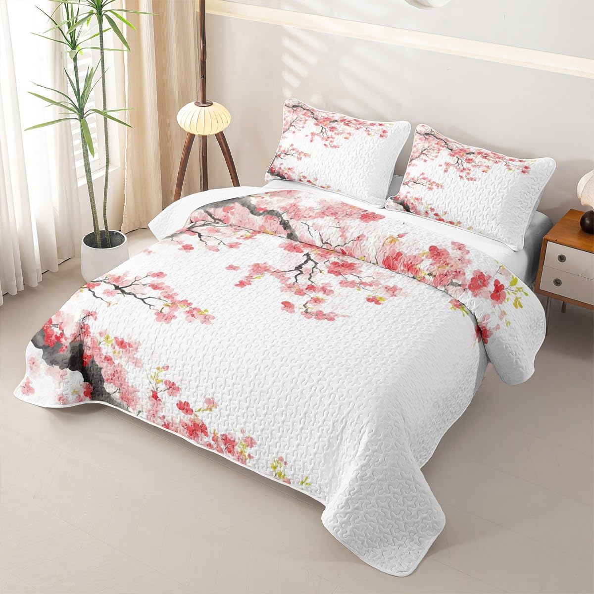 Erosebridal Cherry Blossoms Quilt Japanese Style Quilt Set Queen Pink Flowers Bedding Coverlet Branches Plant Floral Bedspread