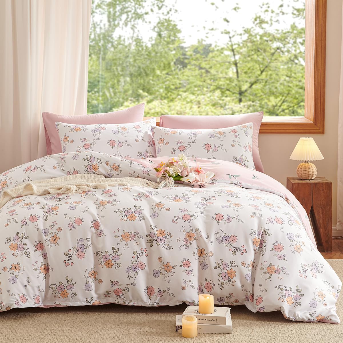 Erwinmu Floral Comforter Set King Size - 3 Pieces Pink White Floral Comforter Bedding Sets Reversible Pattern,King Bed in a Bag with Flowers Comforter and 2 Pillowcases