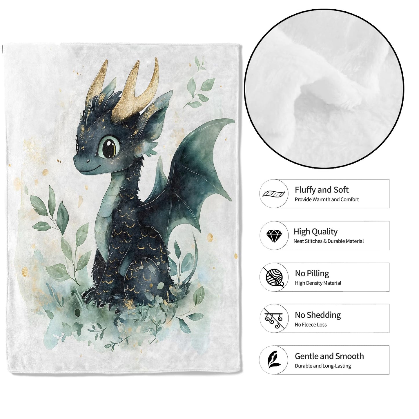 MIEPOS Cute Dragon Throw Blanket,50x60in,Soft,Lightweight Flannel,Whimsical Green Leaves Blankets - Gifts for Kids Boys Girls,for Couch Office Travel,Home Living Room Fantasy Decor