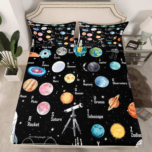 Solar System Bedding Set Twin Size for Boys Girls, ABC Alphabet Bed Sheet Set Solar System Alphabet Fitted Sheet Educational Bed Cover with 1 Pillow Case (No Flat Sheet)