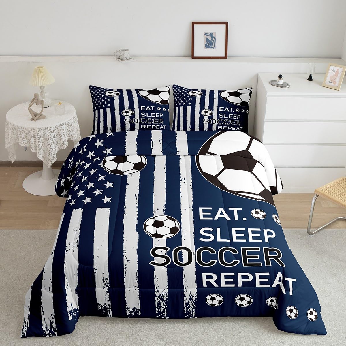Feelyou Soccer Ball Game Kids Boys Girls Bedding Set Queen Size Football Comforter Set Ultra Soft Rugby Sports Comforter Flag Print Duvet Quilt Bedroom Decor Rugby Game Quilt