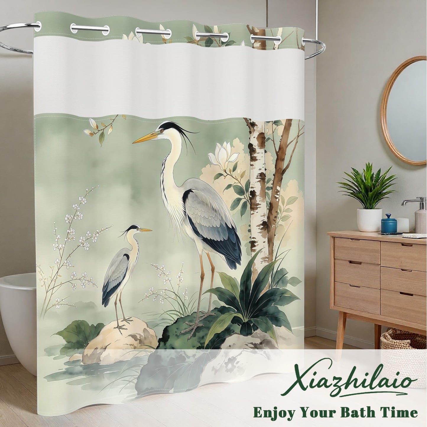 Xiazhilaio Zen Crane No Hook Shower Curtain with Snap in Liner, 71x74 Inch