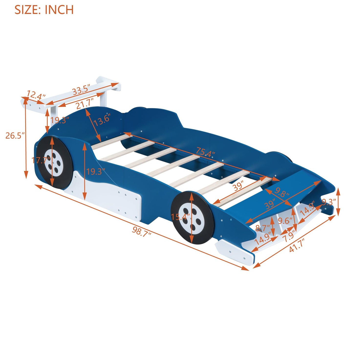 Merax Race Car Bed Frame Twin Size for Boys, Wood Car-Shaped Platform Bed with Wheels, Blue