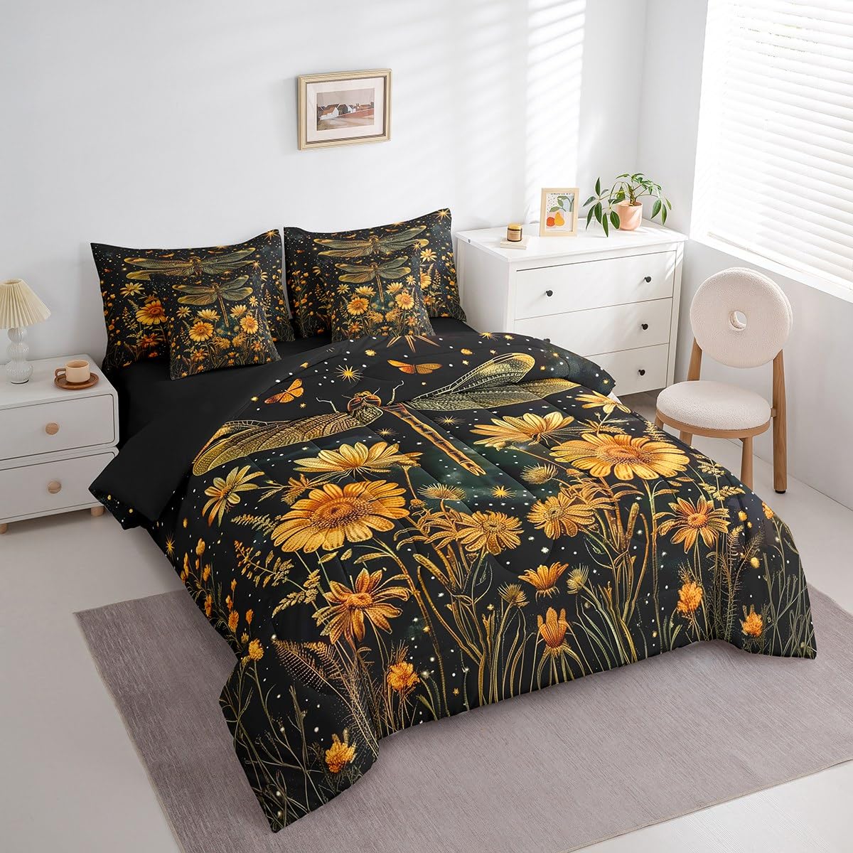 Erosebridal Wildflower Dragonfly Comforter Set Queen,Retro Groovy Daisy Floral Bedding Set 7Pcs for Kids Boys Girls,Bohemian Botanical Butterfly Bed in a Bag,Sparkle Starry Sky Quilt