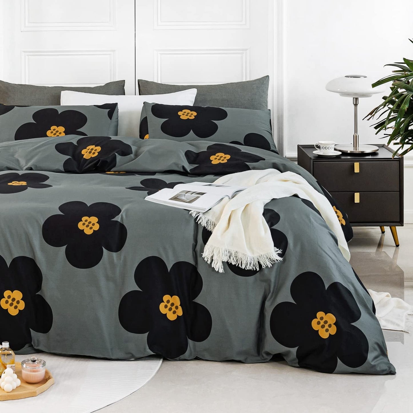 YuHeGuoJi Cartoon Floral Duvet Cover King 100% Cotton 3 Pcs Set 1 Yellow Grey Botanical Blossom Patterned Duvet Cover with Zipper Ties 2 Pillowcases Cute Black Flower Bedding Set Soft