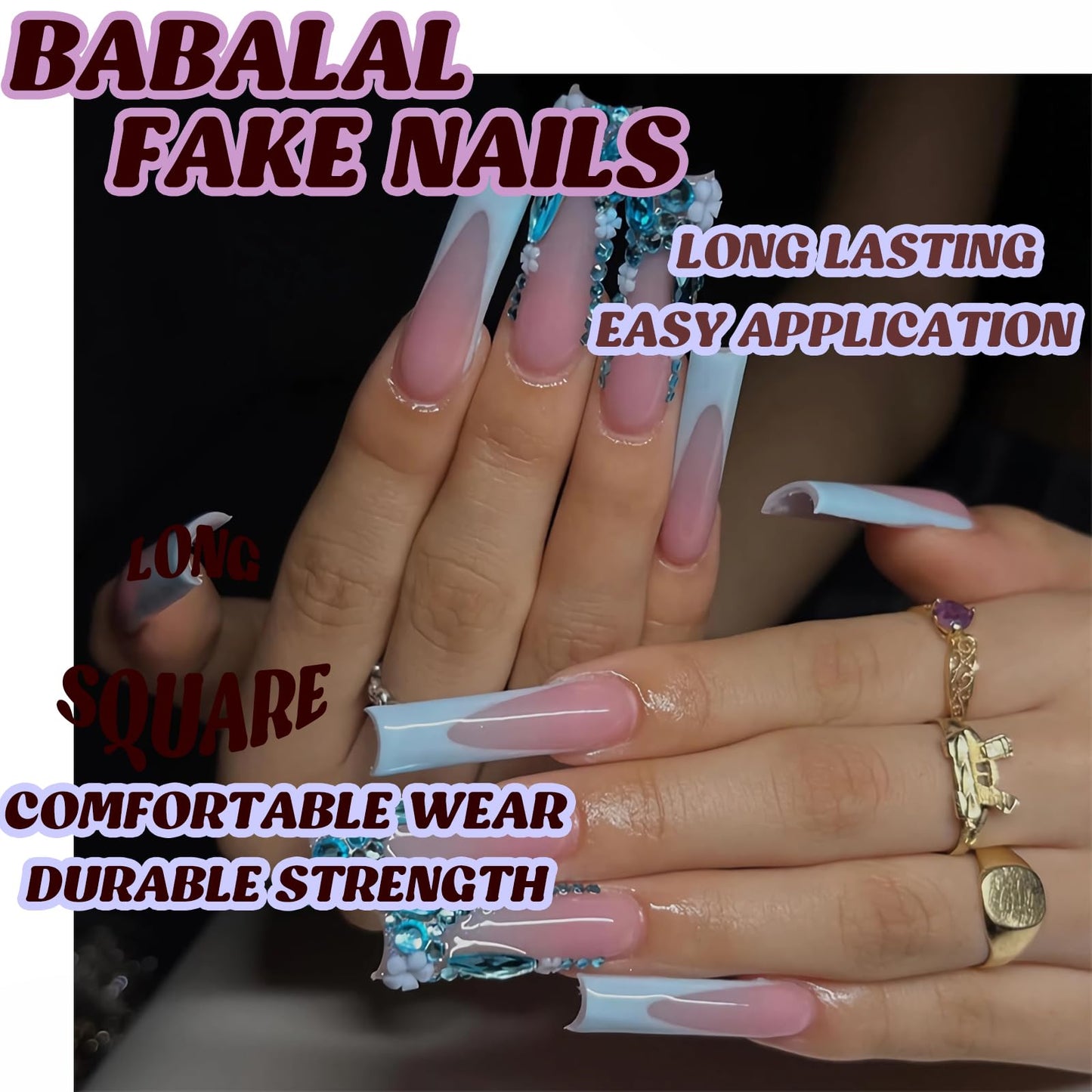 BABALAL Press on Nails Long Square Fake Nails Blue French Tip Glue ons Flower Rhinestone Charm Luxury Bling Supplies Art 24Pcs XL Glossy Full Cover Acrylic False Nails