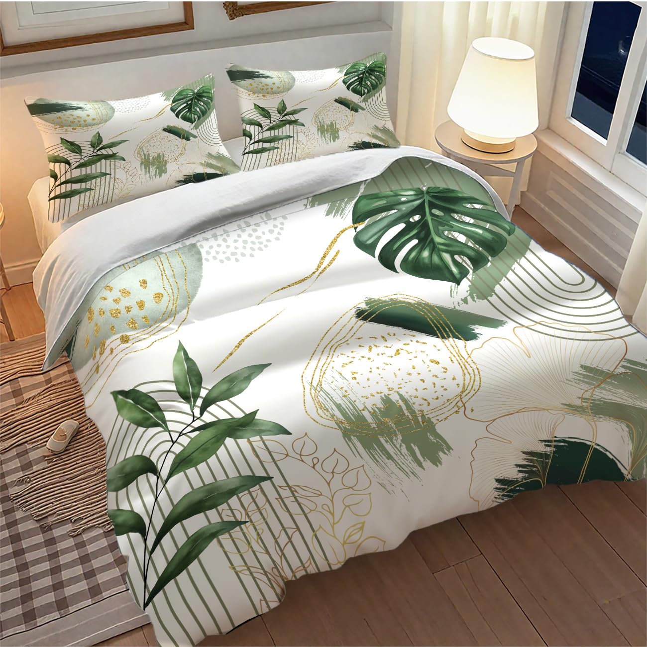 Lnepty Boho Leaf Bedding Set,Mid Century Palm Tropical Leaf Abstract Geometric Modern Minimalism Green Comforter Set with Pillowcase for Bedroom Bed Decor，Twin 86"x70"
