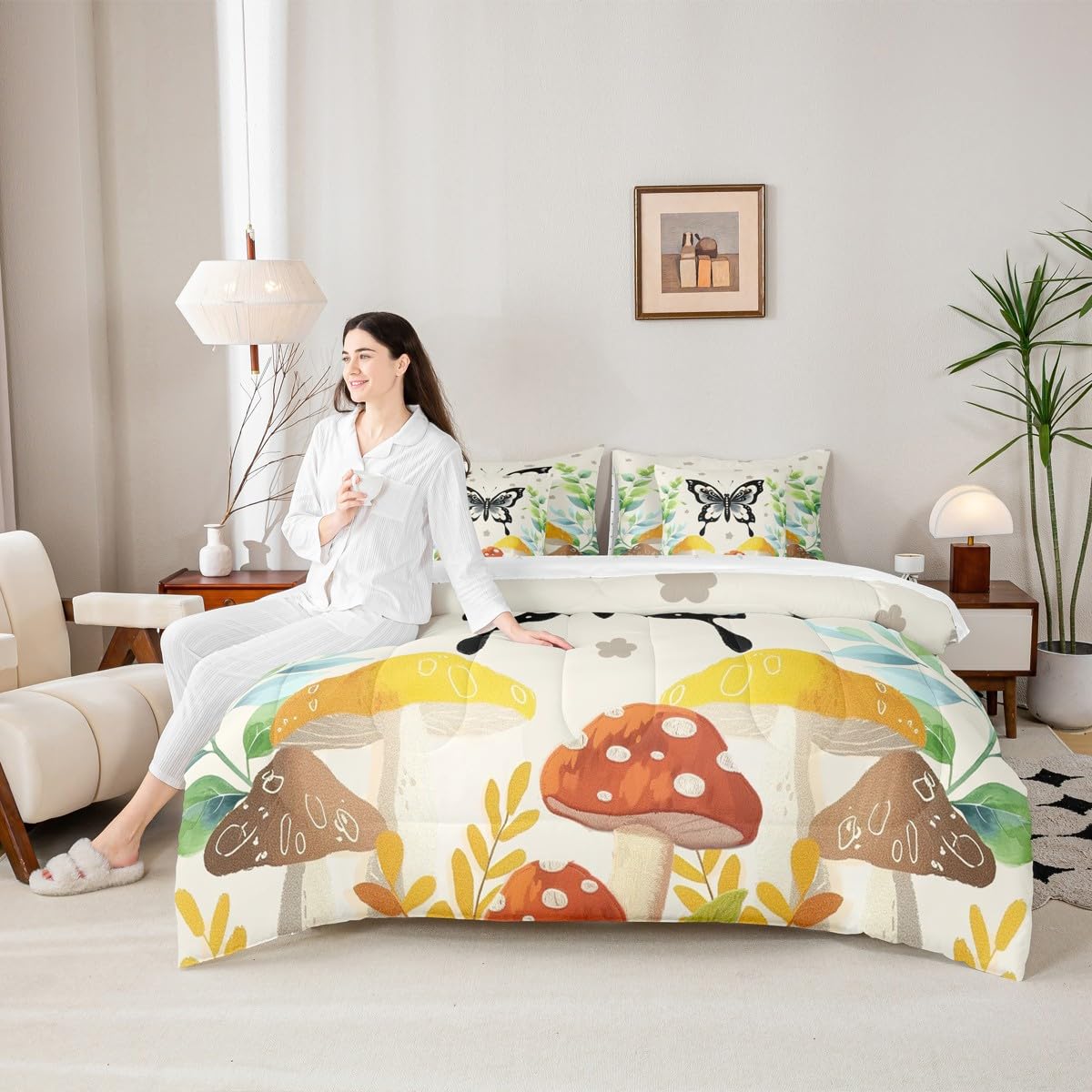 Feelyou Kids Butterfly Floral Bed in A Bag Twin Size, Bohemian 7 Pieces Bedding Set Boys Girls Cute Mushroom Comforter Set with Sheets Boho Exotic Teens Bed Set Bedroom Decor 7Pcs