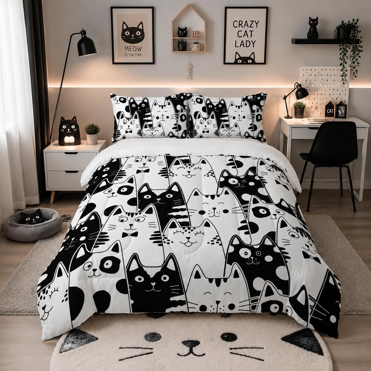 Nttopship Black and White Cat Comforter Set Queen,Kawaii Cat Butterfly 3 Pieces Bedding Set for Teens Kids,Cartoon Down Alternative Bed Comforters Bedding Sets for All Season